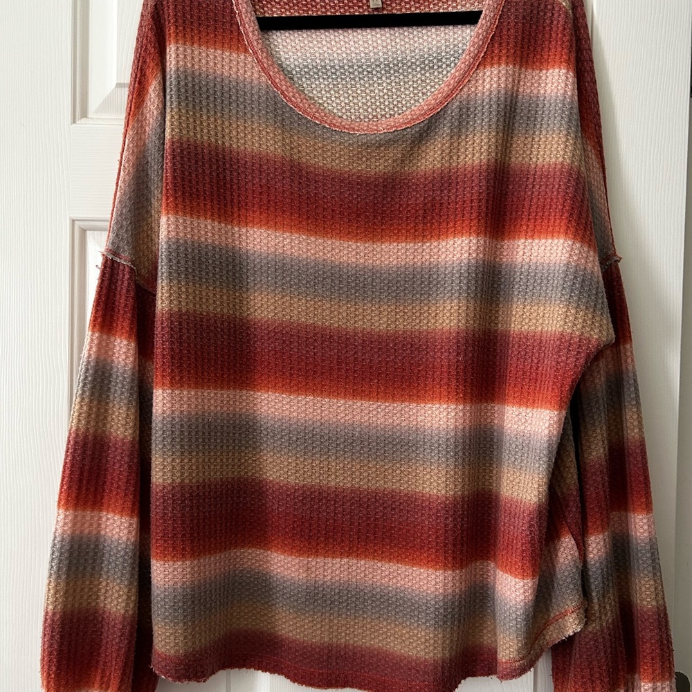 Wonderly Striped Waffle Knit Top in Rust, Mauve, Taupe Size 2X
